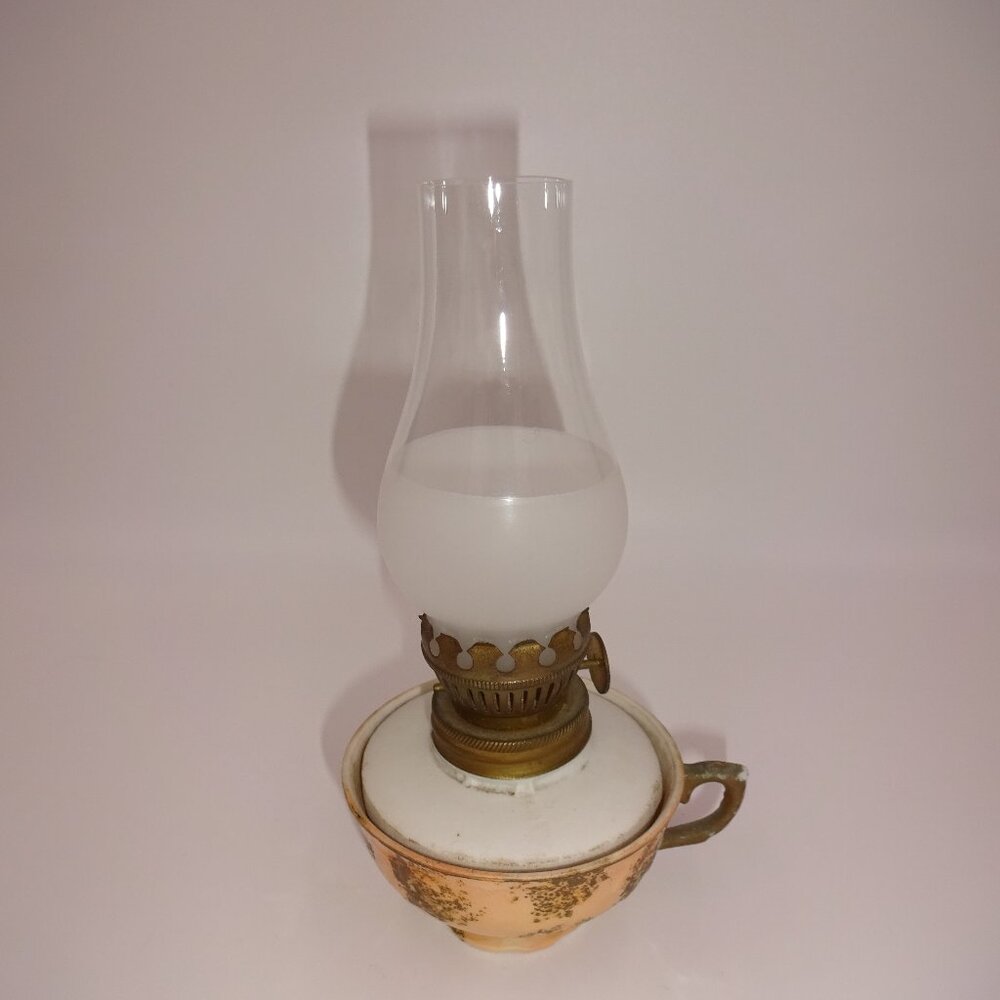 Vintage Miniature Peach Gold Tea Cup Hurricane Oil Lamp Japan 6-3/8"